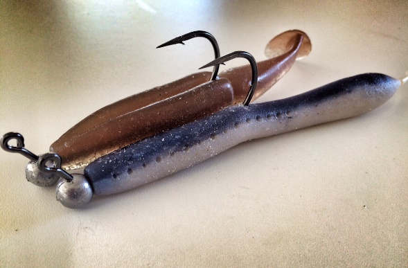 Large soft plastics, mounted on light jig-heads, but with a large  hook.